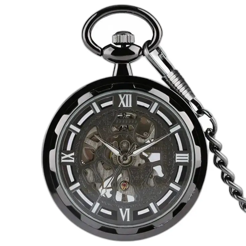 Montre à gousset squelette chic mécanique avec chaîne et design noir élégant