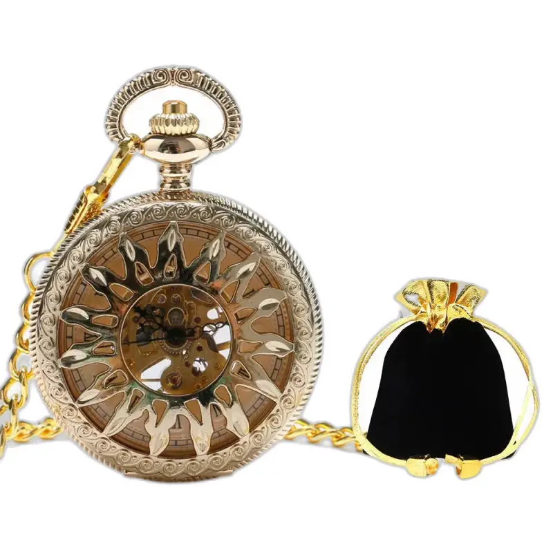 Montre à gousset mécanique Dark Sun en or avec chaîne et pochette élégante