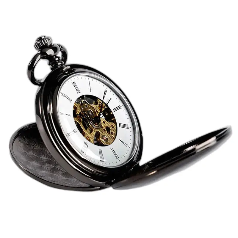 Montre à gousset mécanique lisse noir luxe, élégante et intemporelle
