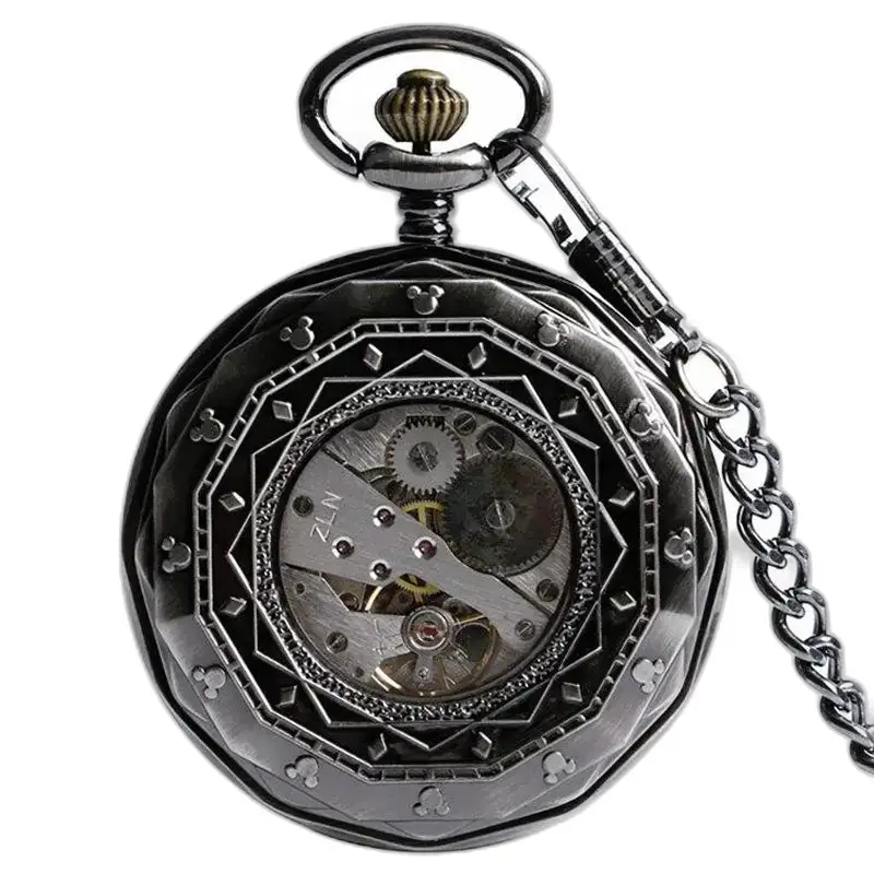 Montre à gousset en métal noir avec mouvement mécanique et chaînes visibles